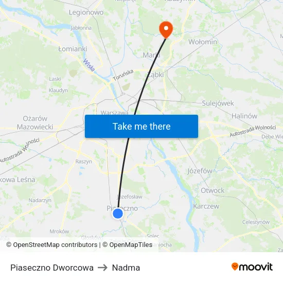 Piaseczno Dworcowa to Nadma map