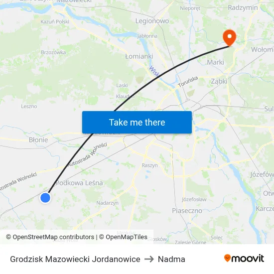 Grodzisk Mazowiecki Jordanowice to Nadma map