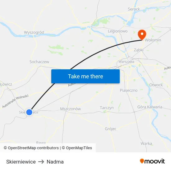 Skierniewice to Nadma map