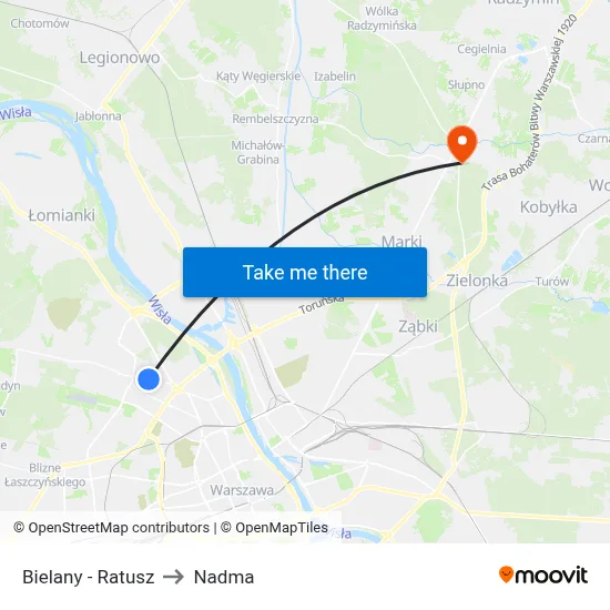 Bielany - Ratusz to Nadma map