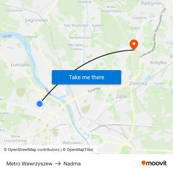 Metro Wawrzyszew to Nadma map