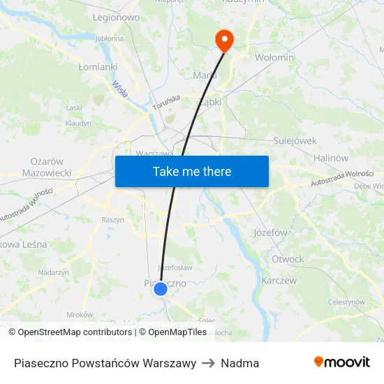 Piaseczno Powstańców Warszawy to Nadma map
