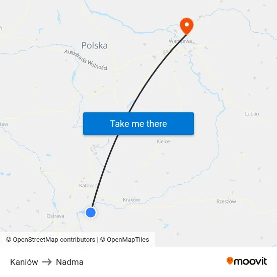 Kaniów to Nadma map