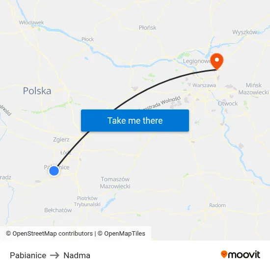 Pabianice to Nadma map
