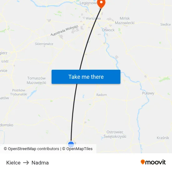 Kielce to Nadma map