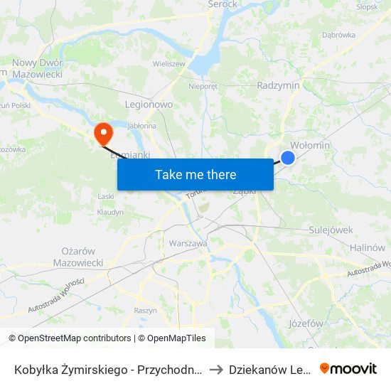 Kobyłka Żymirskiego - Przychodnia 02 to Dziekanów Leśny map