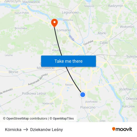 Kórnicka to Dziekanów Leśny map