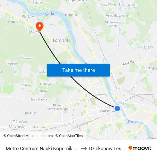 Metro Centrum Nauki Kopernik 05 to Dziekanów Leśny map