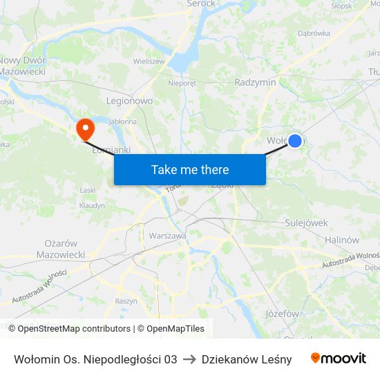 Wołomin Os. Niepodległości 03 to Dziekanów Leśny map