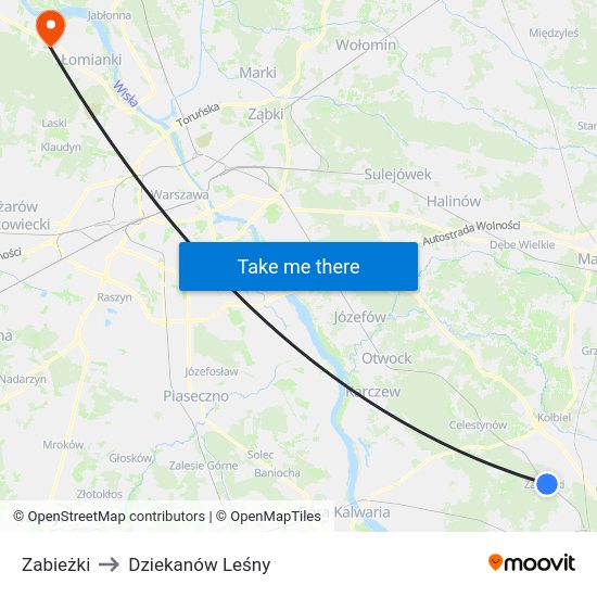 Zabieżki to Dziekanów Leśny map