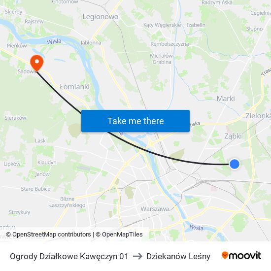 Ogrody Działkowe Kawęczyn 01 to Dziekanów Leśny map