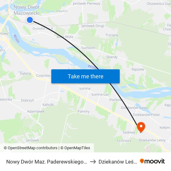 Nowy Dwór Maz. Paderewskiego 01 to Dziekanów Leśny map