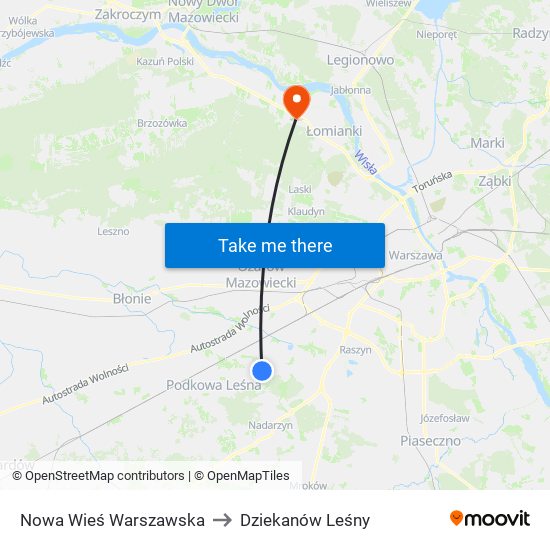 Nowa Wieś Warszawska to Dziekanów Leśny map