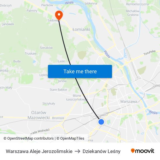 Warszawa Aleje Jerozolimskie to Dziekanów Leśny map