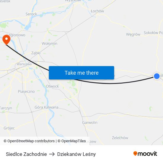 Siedlce Zachodnie to Dziekanów Leśny map