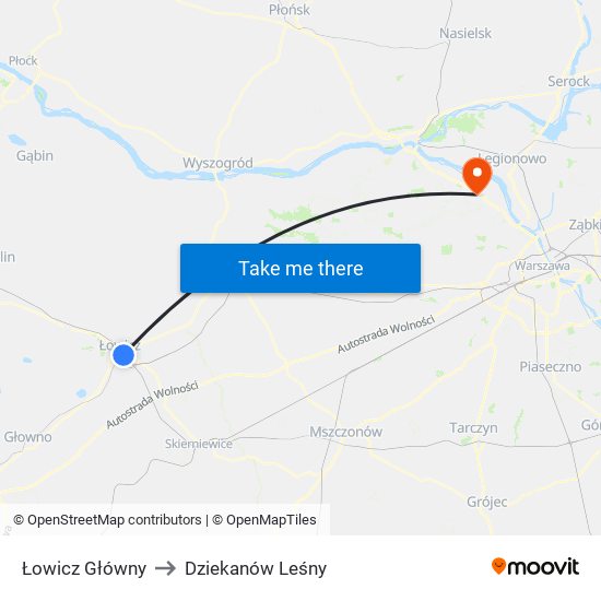 Łowicz Główny to Dziekanów Leśny map