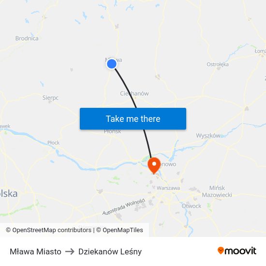 Mława Miasto to Dziekanów Leśny map