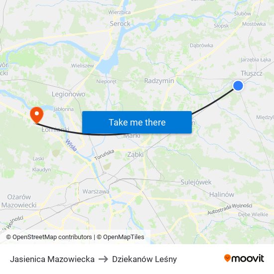 Jasienica Mazowiecka to Dziekanów Leśny map