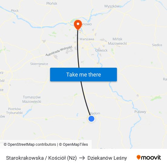 Starokrakowska / Kościół (Nż) to Dziekanów Leśny map