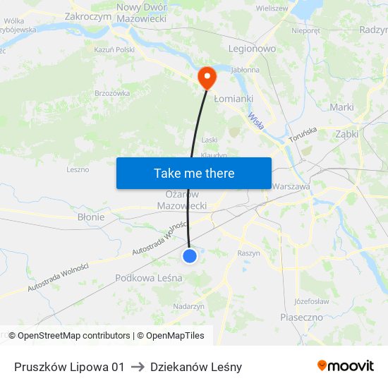 Pruszków Lipowa 01 to Dziekanów Leśny map