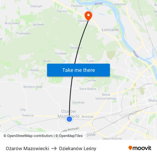 Ożarów Mazowiecki to Dziekanów Leśny map