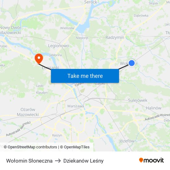 Wołomin Słoneczna to Dziekanów Leśny map