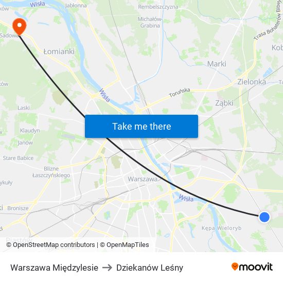 Warszawa Międzylesie to Dziekanów Leśny map