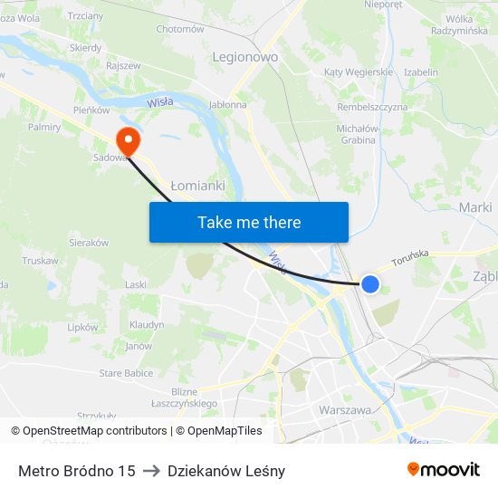 Metro Bródno to Dziekanów Leśny map