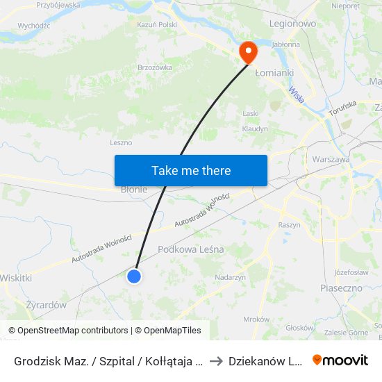 Grodzisk Maz. / Szpital / Kołłątaja 01 (Nż) to Dziekanów Leśny map