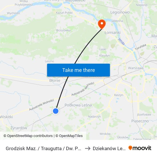 Grodzisk Maz. / Traugutta / Dw. PKP to Dziekanów Leśny map