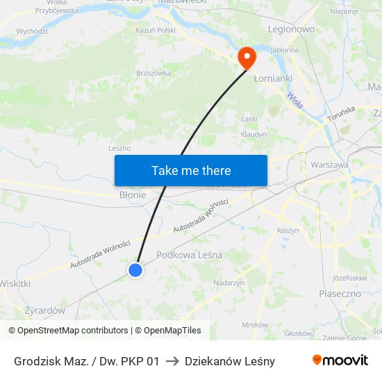 Grodzisk Maz. / Dw. PKP 01 to Dziekanów Leśny map