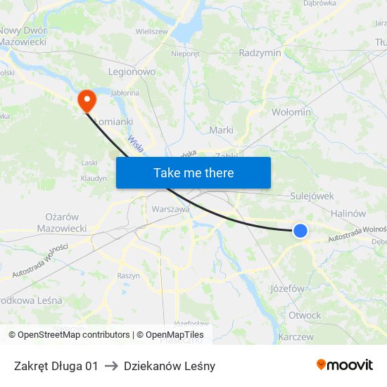 Zakręt Długa to Dziekanów Leśny map