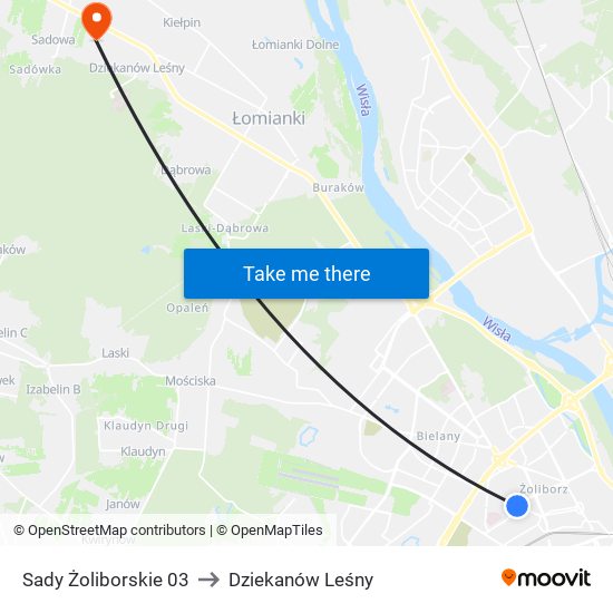 Sady Żoliborskie to Dziekanów Leśny map