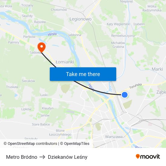 Metro Bródno to Dziekanów Leśny map