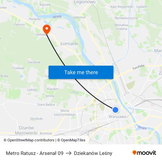 Metro Ratusz - Arsenał 09 to Dziekanów Leśny map