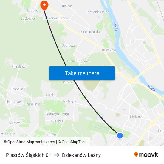 Piastów Śląskich 01 to Dziekanów Leśny map