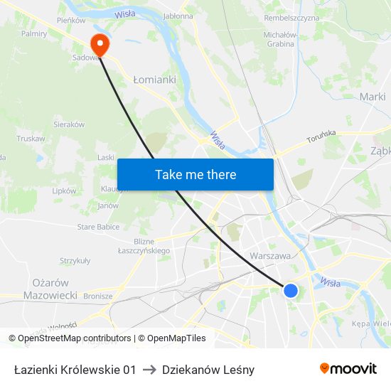 Łazienki Królewskie to Dziekanów Leśny map