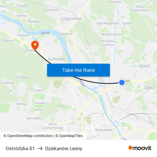 Ostródzka to Dziekanów Leśny map