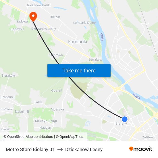 Metro Stare Bielany to Dziekanów Leśny map