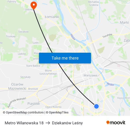 Metro Wilanowska 18 to Dziekanów Leśny map