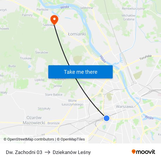 Dw. Zachodni 03 to Dziekanów Leśny map