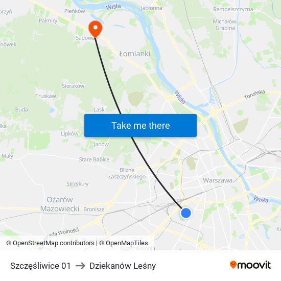 Szczęśliwice to Dziekanów Leśny map