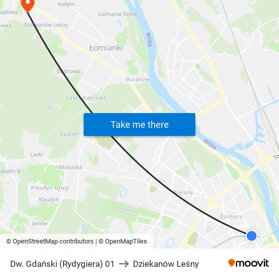 Dw. Gdański (Rydygiera) to Dziekanów Leśny map