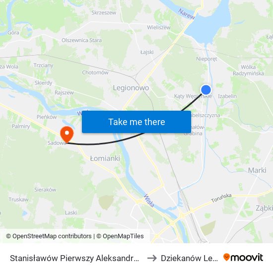 Stanisławów Pierwszy Aleksandrów to Dziekanów Leśny map