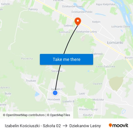 Izabelin Kościuszki - Szkoła 02 to Dziekanów Leśny map