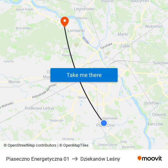 Piaseczno Energetyczna to Dziekanów Leśny map