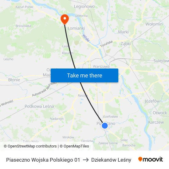 Piaseczno Wojska Polskiego 01 to Dziekanów Leśny map