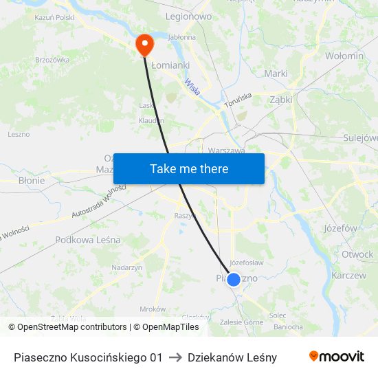 Piaseczno Kusocińskiego to Dziekanów Leśny map