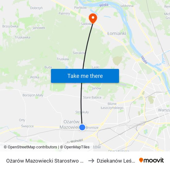 Ożarów Mazowiecki Starostwo to Dziekanów Leśny map