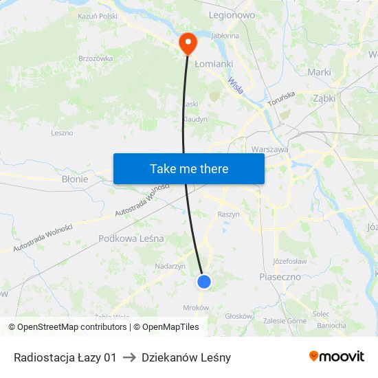 Radiostacja Łazy to Dziekanów Leśny map